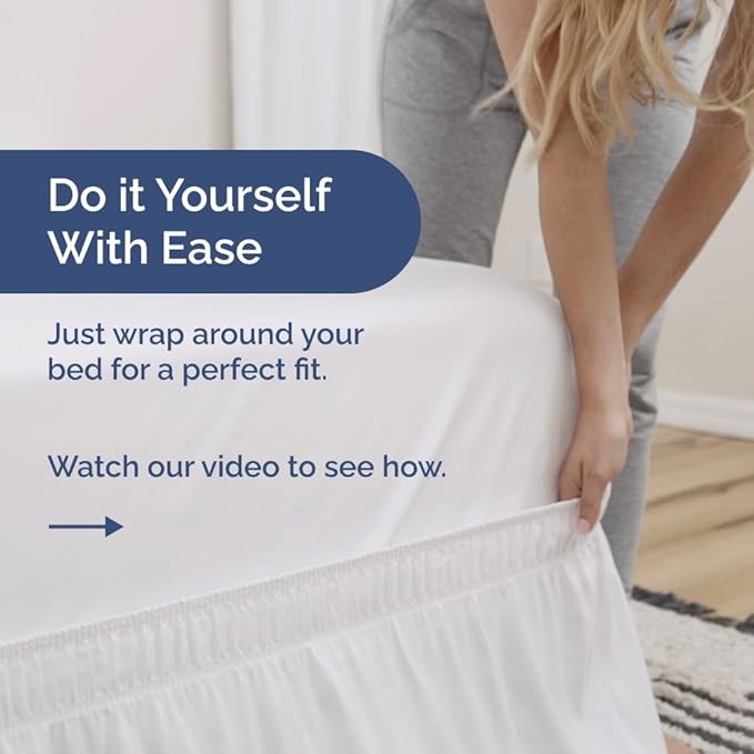 Wrap Around Dust Ruffle Bed Skirt - White - for Queen Size Beds w/ 14 Inch Drop - Easy Fit Elastic Strap - Adjustable Pleated Bedskirt w/Brushed Fabric, Wrinkle & Fade Free Women, Men, Kids & Teens