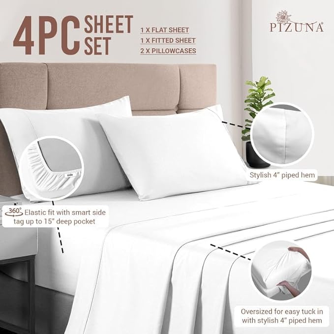 Pizuna Pure 100% Cotton Queen Size Sheet Set White, Luxurious 400 Thread Count Long Staple Cotton Sateen Sheets with 15" Deep 2 Extra Pillowcase (Combed Cotton Bed Sheet Set)