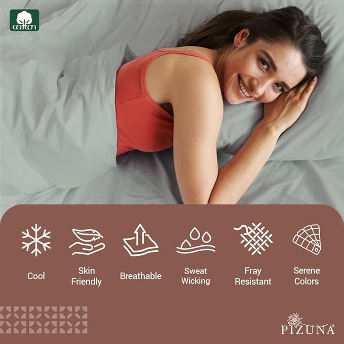 Pizuna Pure 100% Cotton Sheets Queen Size, Luxurious 400 Thread Count Long Staple Cotton Sateen Queen Sheets Set with 15" Deep Pocket (Combed Sea Foam Cotton Sheet Set)