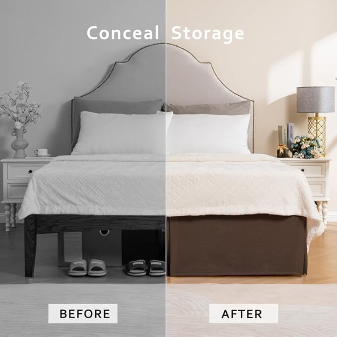 MIYE Pleated Waffle Weave Bed Skirt, Tailored Dust Ruffle 16 Inch Drop Easy Fit, Machine Washable (Brown, Twin - 16" Drop)