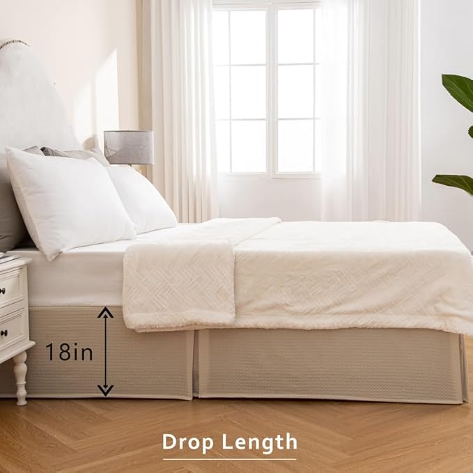 MIYE Pleated Waffle Weave Bed Skirt, Tailored Dust Ruffle 18 Inch Drop Easy Fit, Machine Washable,No Split Corners (Beige, TwinXL - 18" Drop)