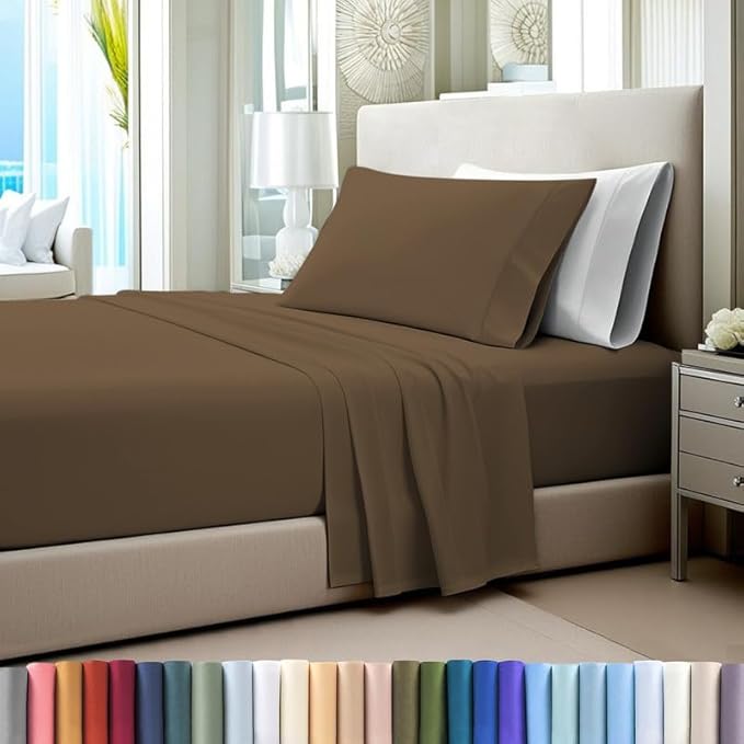Pizuna Pure 100% Cotton Sheet Set Twin, Luxurious 400 Thread Count Long Staple Cotton Sateen Sheets Twin with 15" Deep Pocket (Woody Brown)