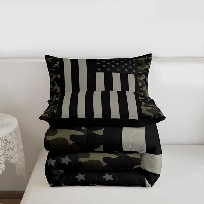 American Flag Comforter Set Queen Military Camo Down Comforter,Retro Army Green Camouflage USA Flag Bedding Set For Kids Boys Teens Men Bedroom,Black Grey Stars Stripes Quilt Duvet Set 2 Pillow Cases