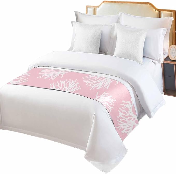 Coral Pink Bed Runner Scarf for Full Size Bed Foot, Decorative Bedding Accessory Stainproof & Dustproof Soft Protector For Bedroom Hotel Wedding Room Coastal White Ocean Marine Nautical Beach 83"x20"