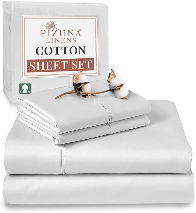 Pizuna Pure 100% Cotton Queen Size Sheet Set White, Luxurious 400 Thread Count Long Staple Cotton Sateen Sheets with 15" Deep 2 Extra Pillowcase (Combed Cotton Bed Sheet Set)