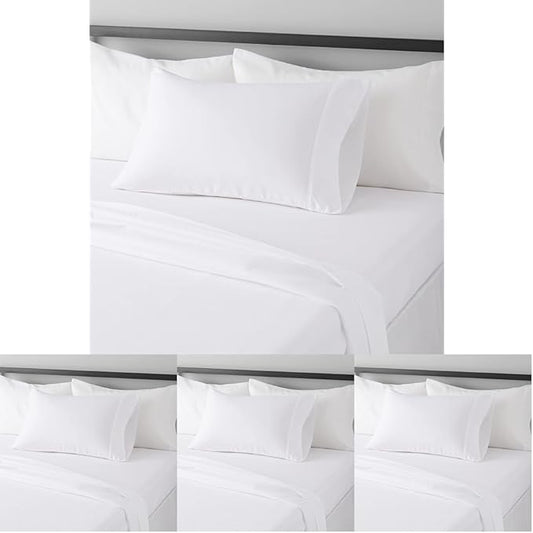 Amazon Basics Ultra-Soft Breathable Wrinkle-Free Microfiber 3-Piece Bed Sheet Set with 14-Inch Deep Pockets,College Dorm-Friendly,Twin XL,Bright White,(Pack of 4)
