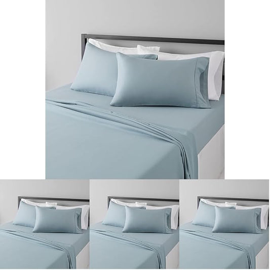 Amazon Basics Lightweight Breathable Super Soft Wrinkle-Free Easy Care Brushed Microfiber 4 Piece Bed Sheet Set with 14-Inch Deep Pockets, Queen, Spa Blue, Solid (Pack of 4)