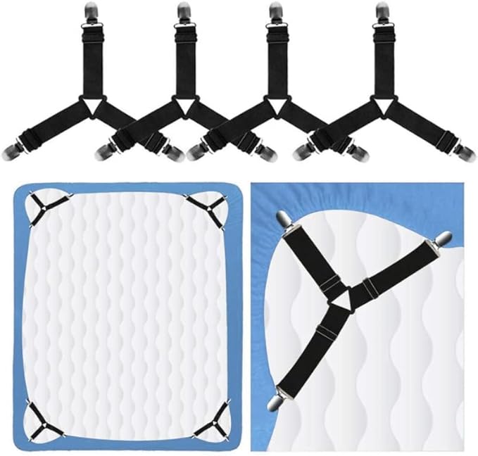 Heavy Duty Elastic Bed Sheet Straps & Clips - Adjustable Mattress Gripper, Sheet Holders Keep Sheets Firm & Tight, Mattress Clips, Bed Straps, Corner Straps (Black, 4pcs Triangle)