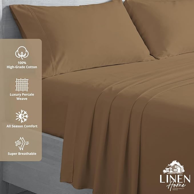 Linen Home 100% Cotton Percale Sheets King Size, Earthy Brown, Deep Pocket, 4 Pieces Set - 1 Flat, 1 Deep Pocket Fitted Sheet and 2 Pillowcases, Crisp Cool and Strong Bed Linen