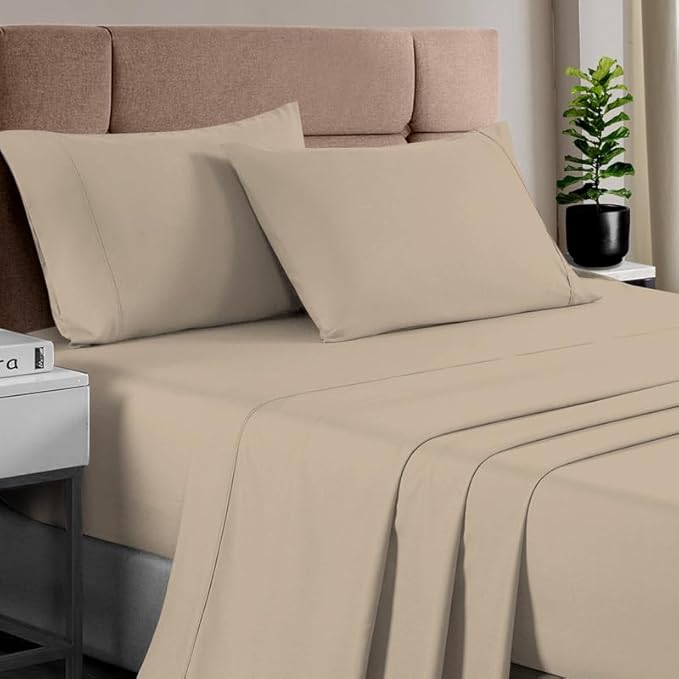 Pizuna Pure 100% Cotton Sheets Twin XL Size, Luxurious 400 Thread Count Long Staple Cotton Sateen Sheet Set with 15" Deep Pocket (Combed Simply Taupe Cotton Sheet, Twin XL)