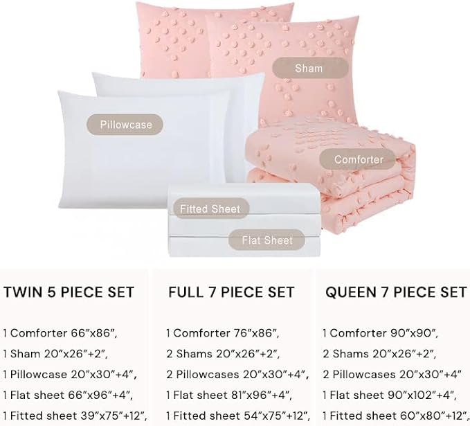 Geniospin Pink Queen Comforter Set for Girls- 7 Pieces Pom Tufted Bed in A Bag Twin Bedding Sets with Sheets, Pillowcases & Shams, All Season Kids Comforter Set