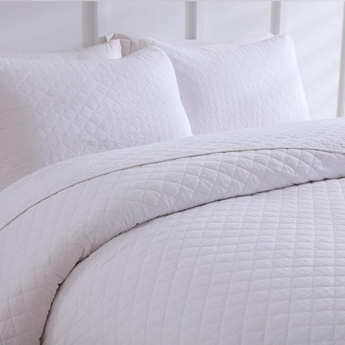 Cotton Quilt Bedding Sets Queen Size, 3 Pieces Reversible Lightweight Coverlets Comforters Bedspreads for All Seasons,Geometric Stitching Pattern,White