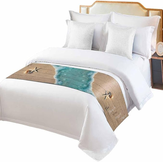 Coastal Ocean Starfish and Shell Sand Bed Runners for Bedroom Hotel,Decorative Bedding Scarf The Beach is My Happy Place Bed End Blanket Bedding Runner Scarves for Full Size Bed,83x20in