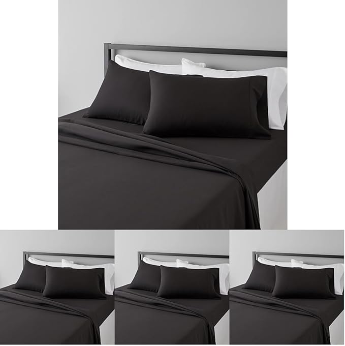 Amazon Basics Lightweight Super Soft,Breathable Wrinkle-Free Microfiber 4 Piece Bed Sheet Set with 14-Inch Deep Pockets,King,Black,Solid,(Pack of 4)