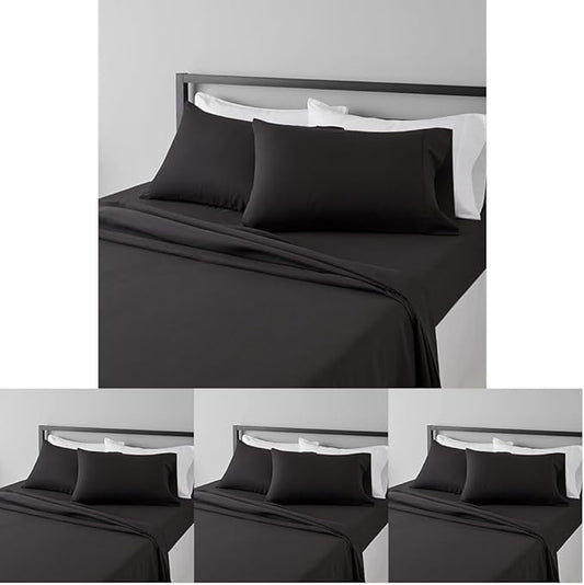 Amazon Basics Lightweight Super Soft,Breathable Wrinkle-Free Microfiber 4 Piece Bed Sheet Set with 14-Inch Deep Pockets,King,Black,Solid,(Pack of 4)