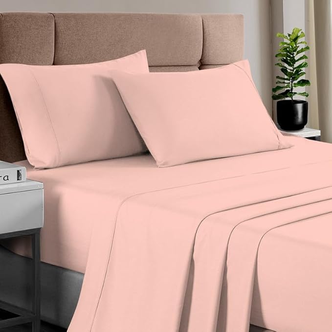 Pizuna Pure 100% Cotton Sheets RV King Size, Luxurious 400 Thread Count Long Staple Cotton Sateen RV King Sheets Set with 15inch Deep Pocket (Combed Pale Rose Pink Cotton Sheet Set)