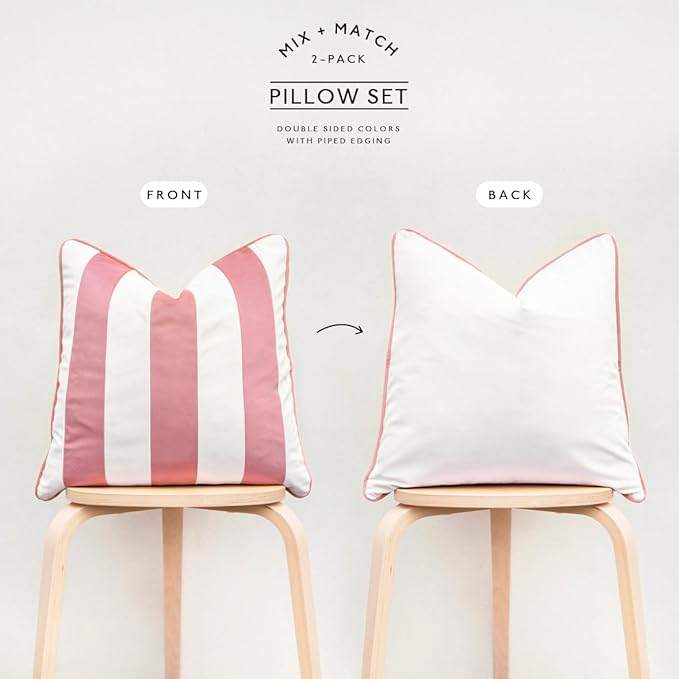 MONDAY MOOSE Decorative Throw Pillow Covers Cushion Cases, Set of 2 Soft Velvet Striped Piping Edge Designs, Pillow Inserts Not Included (18x18 inch, Light Pink/White)