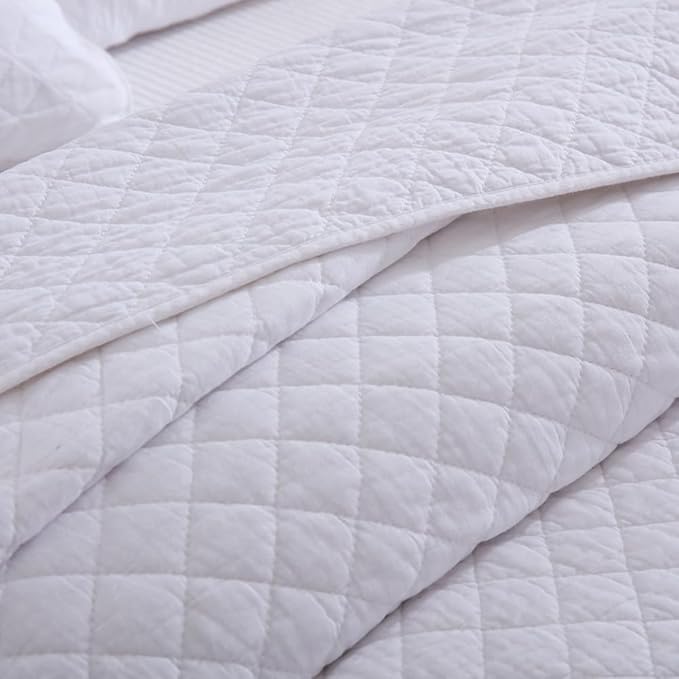 Cotton Quilt Bedding Sets Queen Size, 3 Pieces Reversible Lightweight Coverlets Comforters Bedspreads for All Seasons,Geometric Stitching Pattern,White