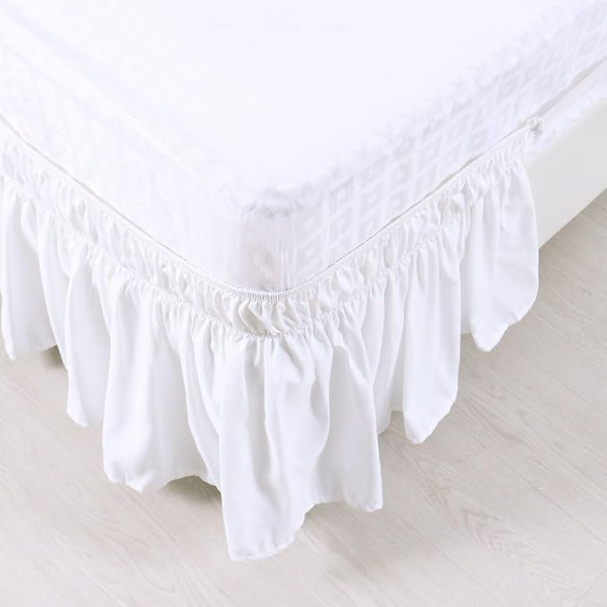 Bed Skirt - Wrap Around Bed Skirts Elastic Dust Ruffles, Easy Fit Wrinkle and Fade Resistant Luxurious Fabric Solid Color, White Full XXL Size Beds 15 Inch Drop