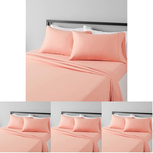 Amazon Basics Lightweight Super Soft Easy Care Microfiber 4-Piece Bed Sheet Set with 14-Inch Deep Pockets,Includes Comfortable Pillowcases,Queen,Peachy Coral,Solid,(Pack of 4)