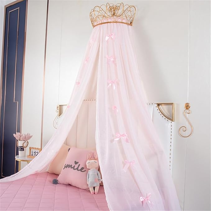 Lotus Karen Princess Bed Canopy Chiffon Girls Bed Curtain Decorative Drapery Metal Crown for Girls Cute Pink Bow-Knots Kids Bedding
