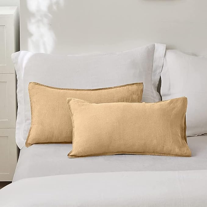 Simple&Opulence 100% Linen Lumbar Pillow Cover 12 x 20 Inches Set of 2 Rectangular Decorative Throw Cushion Cover for Couch Sofa Bed Living Room Office Soft Breathable Farmhouse - Sand