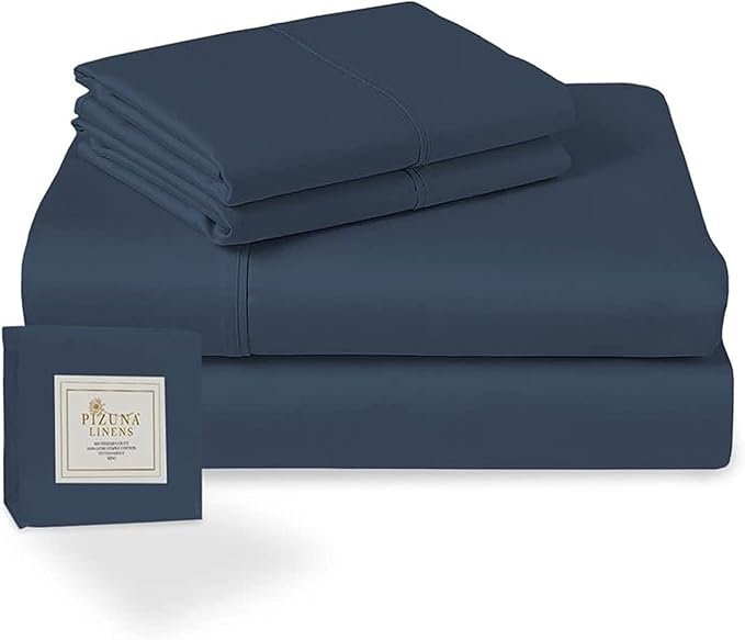 Pizuna Pure 100% Cotton Sheets Twin XL Size, Luxurious 400 Thread Count Long Staple Cotton Sateen Sheets with 15inch Deep Pocket (Combed Dark Blue Sheet Twin XL)