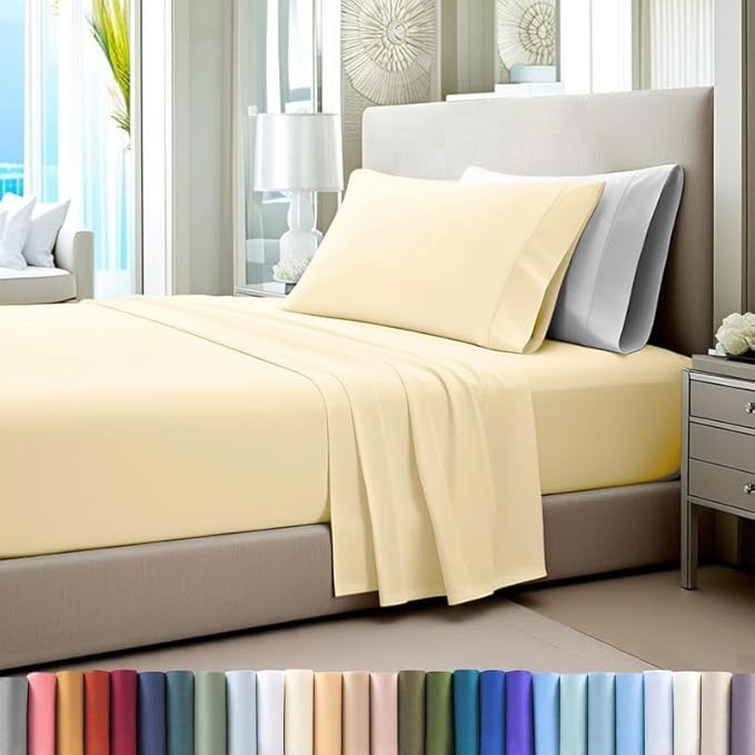 Pizuna Pure 100% Cotton Sheet Set Twin, Luxurious 400 Thread Count Long Staple Cotton Sateen Sheets Twin with 15" Deep Pocket (Ivory)
