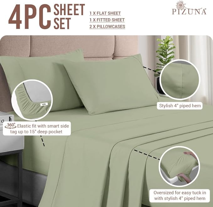 Pizuna Pure 100% Cotton Sheets Full Size, Luxurious 400 Thread Count Long Staple Cotton SateenSheets Full with 15inch Deep Pocket (Combed Light Sage Cotton Sheets Full)