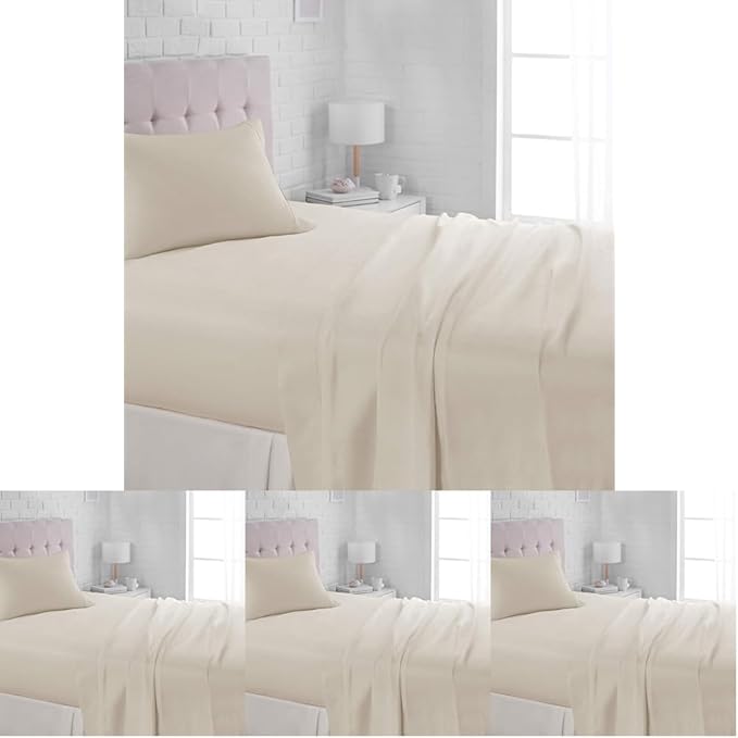 Amazon Basics Lightweight Super Soft Easy Care Wrinkle Free Microfiber 3 Piece Bed Sheet Set with 14-Inch Deep Pockets,Twin,Beige,Solid,Kids,Men & Women Bedding,(Pack of 4)