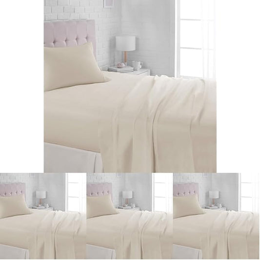 Amazon Basics Lightweight Super Soft Easy Care Wrinkle Free Microfiber 3 Piece Bed Sheet Set with 14-Inch Deep Pockets,Twin,Beige,Solid,Kids,Men & Women Bedding,(Pack of 4)