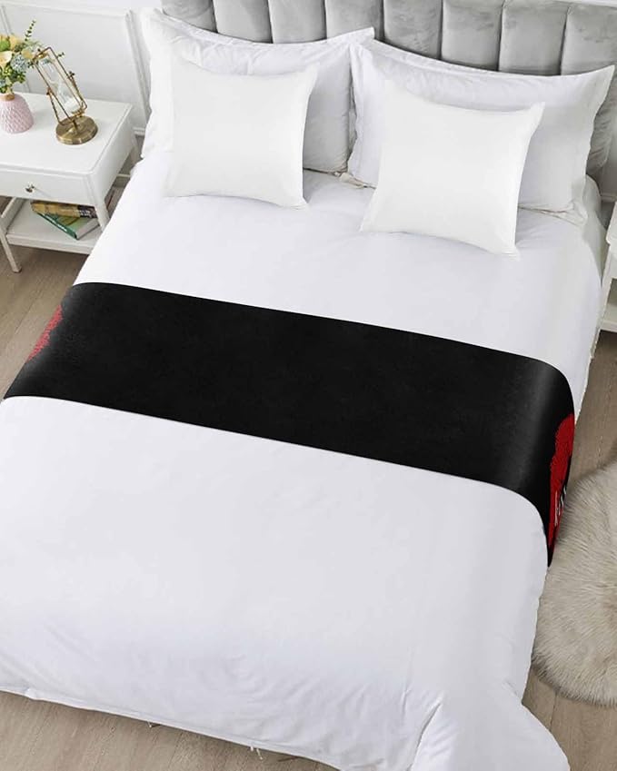 Red Lip Print Kiss Me Bed Runners for Bedroom Hotel,Decorative Bedding Scarf Black Back Bed End Blanket Bedding Runner Scarves for Full Size Bed,83x20in