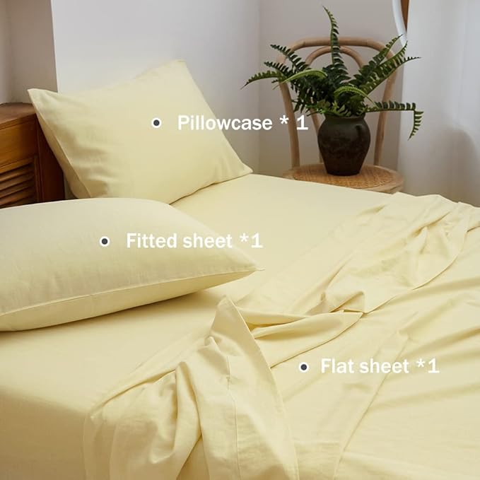 Simple&Opulence Belgian Linen Sheet Set Solid Color - 3 Pieces (1 Flat Sheet, 1 Fitted Sheet & 1 Pillowcase) Natural Flax Cotton Blend Soft Breathable Farmhouse Bedding - Twin Size, Pale Yellow
