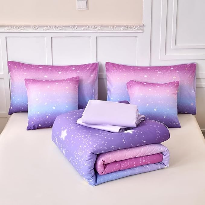 Pink and Purple Comforter Set Queen,Girls Galaxy Comforter Set,Purple Bedding Set Queen,Bed in A Bag Comforter for Children Girls Teen Kids,Bedroom Comforter Decoration Queen 7Pcs