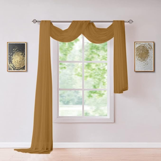 Long Length 56" (W) x 216" (L) Gold Color Sheer Window Scarf. Voile Window Treatments are Perfect As Valance Scarves, Canopy Bed Scarf Or Wedding Decoration. AMA 56" x 216" Gold