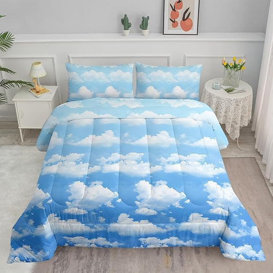 Axolotl Blue Cloud Comforter Set King,Cloud Sky Comforter for Kids,Light Blue Bedding Set,Blue Sky and White Clouds Bedding,Cute Clouds Sky Quilt for Girls Boys Teens,1 Duvet 2 Pillowcases