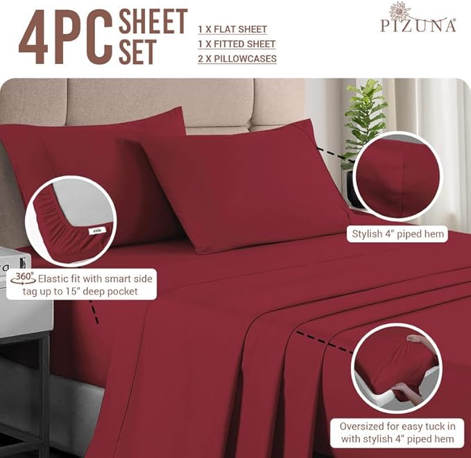 Pizuna Pure 100% Cotton Sheets Full Size, Luxurious 400 Thread Count Long Staple Cotton Sateen Sheets Full with 15" Deep Pocket (Combed Rio Red Cotton Sheet)