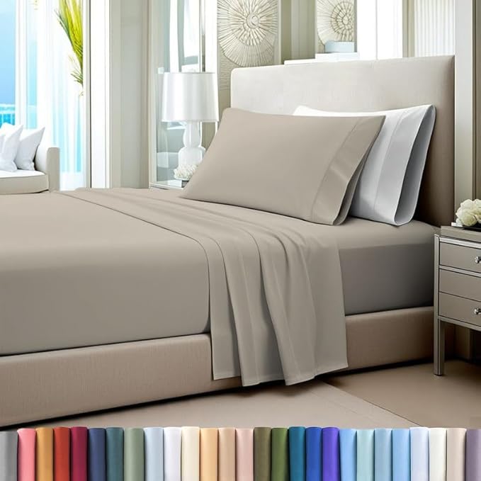 Pizuna Pure 100% Cotton Sheet Set Twin, Luxurious 400 Thread Count Long Staple Cotton Sateen Sheets Twin with 15" Deep Pocket (Simply Taupe)