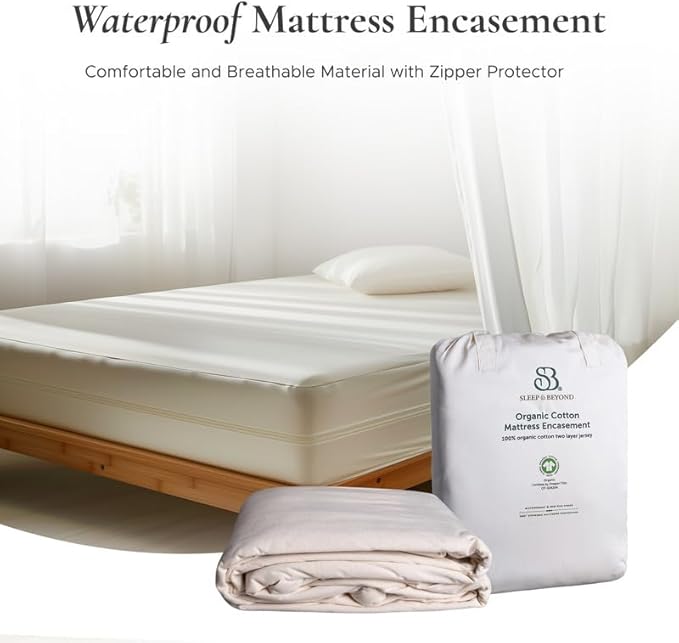 Sleep & Beyond 100% Organic Cotton Waterproof Mattress Encasement, Split Cal King, Ivory, Fits up to 10"