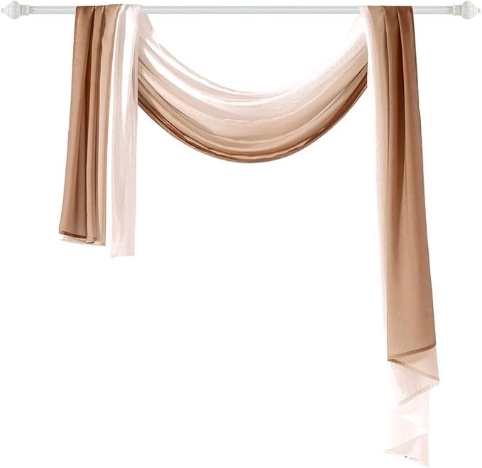 NAPEARL Ombre Window Scarf Valance, Romantic Gradient Voile Scarf Valance for Ceremony Backdrop, Wedding Arch, Kids Bedroom, Decorative Swag Curtain 144 Inches, Brown
