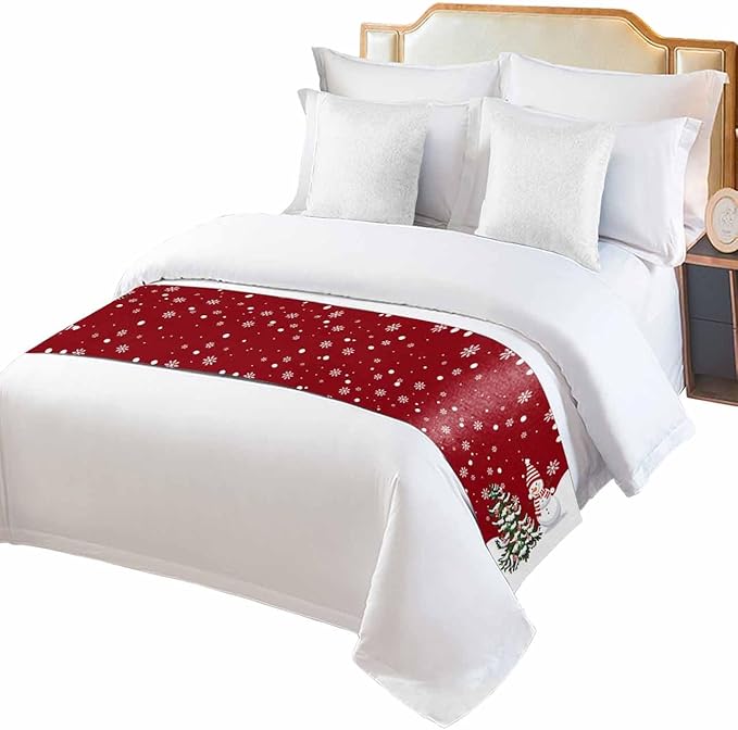 Christmas Tree Snowflakes Snowman Bed Runners for Bedroom Hotel,Decorative Bedding Scarf Red White Green Bed End Blanket Bedding Runner Scarves for Queen Size Bed,94x20in