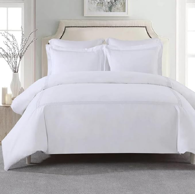Royal Hotel Bedding Embroidered Adeline 4 Piece Comforter Set with Pillow Shams and Down Alternative Comforter (Duvet Insert) Duvet Cover Set, 100% Cotton Percale, Full/Queen, White