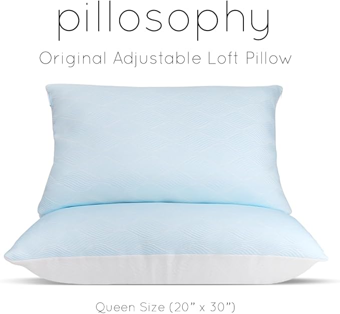 pillosophy Original Adjustable Loft Pillow • Gel-Infused Shredded Memory Foam Fill • Dual-Sided Washable Cooling Cover • Perfect for Back, Side, Stomach Sleepers (Queen Size, 1-pack)