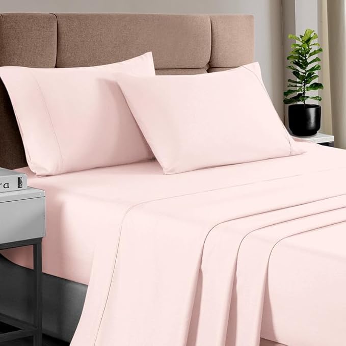 Pizuna Pure 100% Cotton Sheets Twin Size, Luxurious 400 Thread Count Long Staple Cotton Sateen Sheets with 15inch Deep Pocket (Combed Light Pink Sheet Twin)