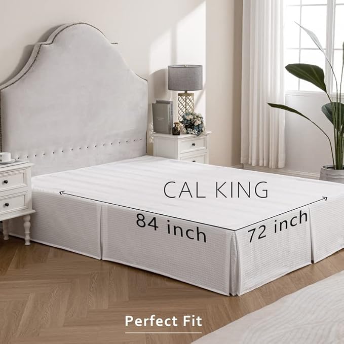 MIYE Pleated Waffle Weave Bed Skirt, Tailored Dust Ruffle 14 Inch Drop Easy Fit, Machine Washable (White,Cal King - 14" Drop)
