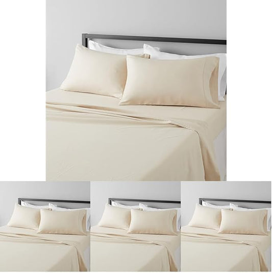 Amazon Basics Breathable,Ultra-Soft Microfiber 4-Piece Bed Sheet Set with 14-Inch Deep Pockets,Wrinkle Resistant,Machine Washable,King,Beige,Solid,(Pack of 4)