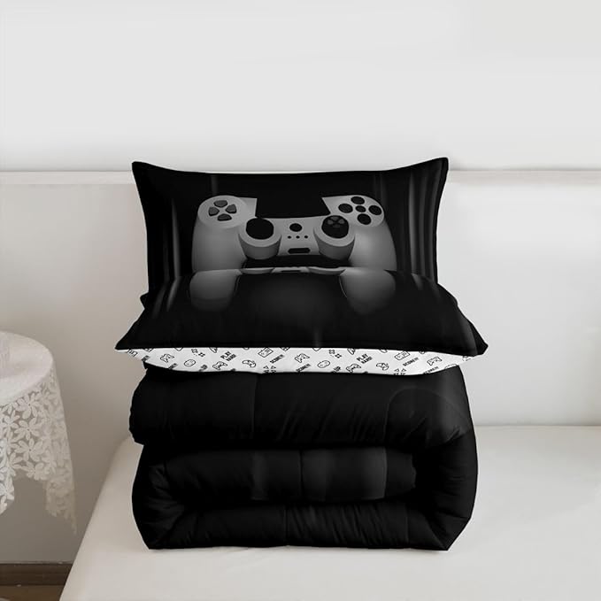 Feelyou Boys Gamer Comforter Set King Size Bedding Set for Kids Gaming Comforter Gray Black Video Games Gamepad Room Decor for Teens Child Super Soft Geometric Duvet Quilted Son Grandson Gift