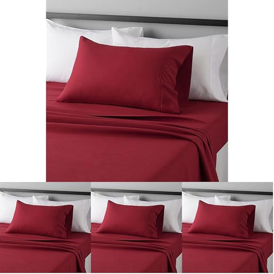 Amazon Basics Lightweight Super Soft Easy Care Wrinkle Free Microfiber 3 Piece Bed Sheet Set with 14-Inch Deep Pockets,Twin,Burgundy,Solid,Kids,Men & Women Bedding,(Pack of 4)