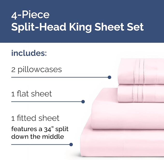 Flex Top Split Head King 4 Piece Sheet Set - Comfy Breathable & Cooling Bed Sheets Set - Hotel Luxury Bedding for Women, Men, Kids, Teens, Boys & Girls - Deep Pockets, Soft = Oeko-Tex - Lavender Pink