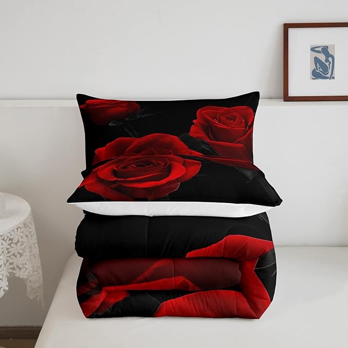 Feelyou Red Roses Bedding Set Luxury Rose Floral Comforter Set for Girls Women Couple Lover Romantic Flowers Comforter Valentine's Day Duvet Set Red Black Bedroom Decor Quilt Set 3Pcs Queen Size